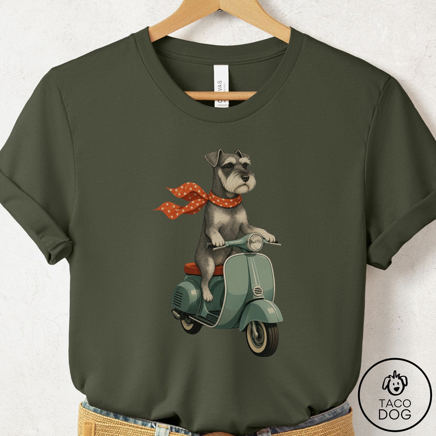 Schnauzer Scooter T-Shirt Military Green Taco-Dog