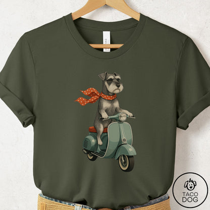 Schnauzer Scooter T-Shirt Military Green Taco-Dog