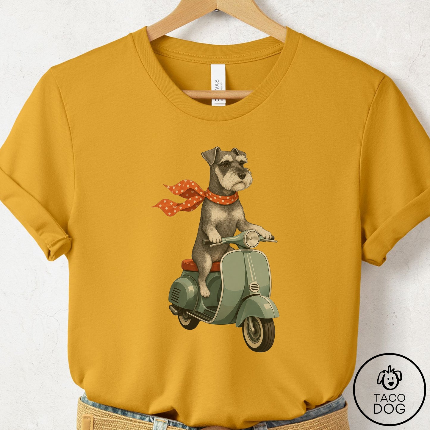 Schnauzer Scooter T-Shirt Mustard Taco-Dog