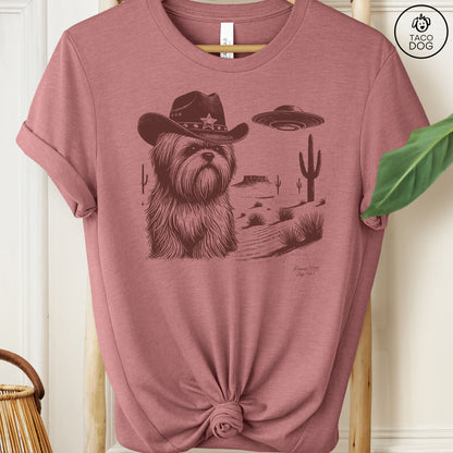 Shih Tzu Ink Cowboy Space UFO T-Shirt Heather Mauve Taco-Dog