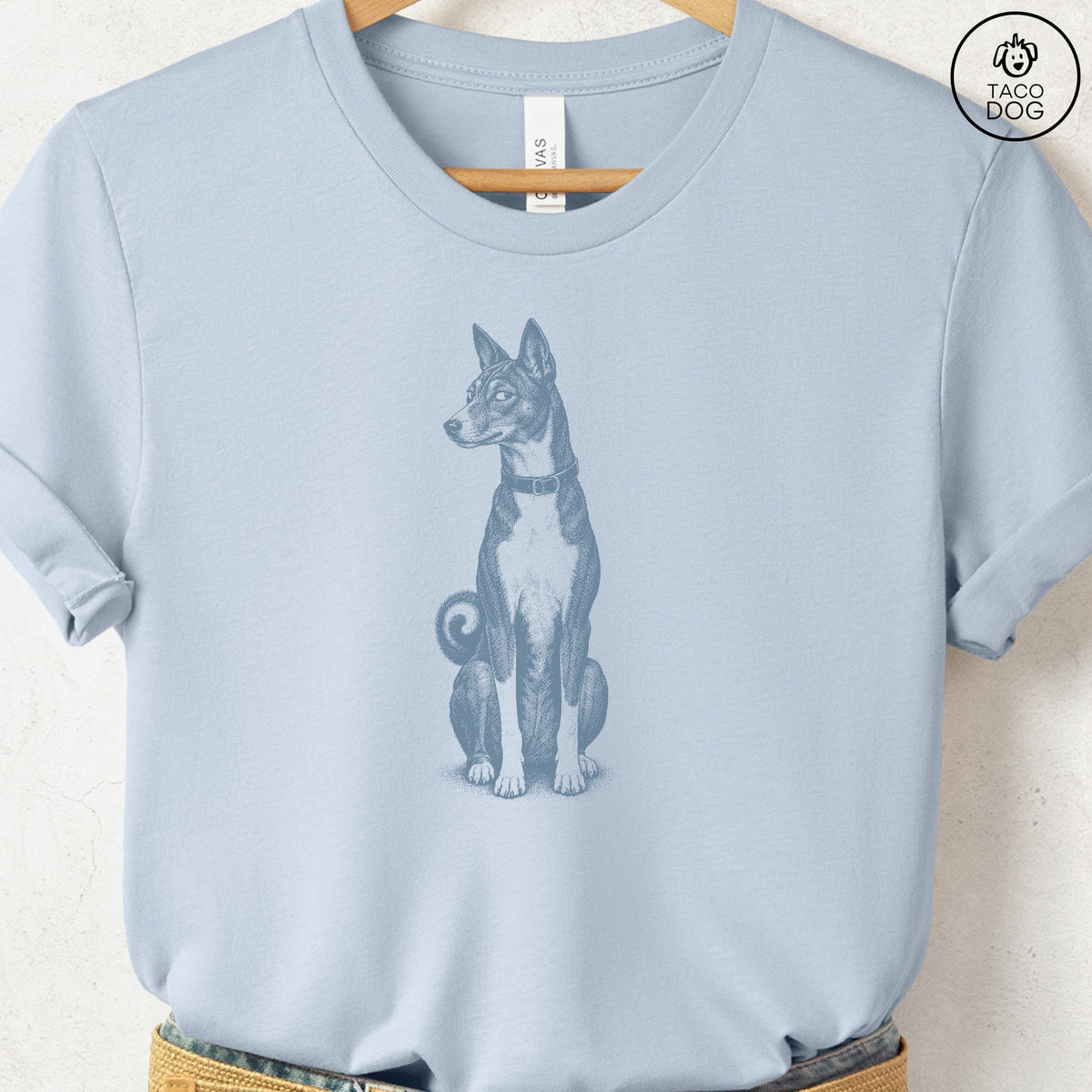 Basenji Side Eye T-Shirt Light Blue Taco-Dog