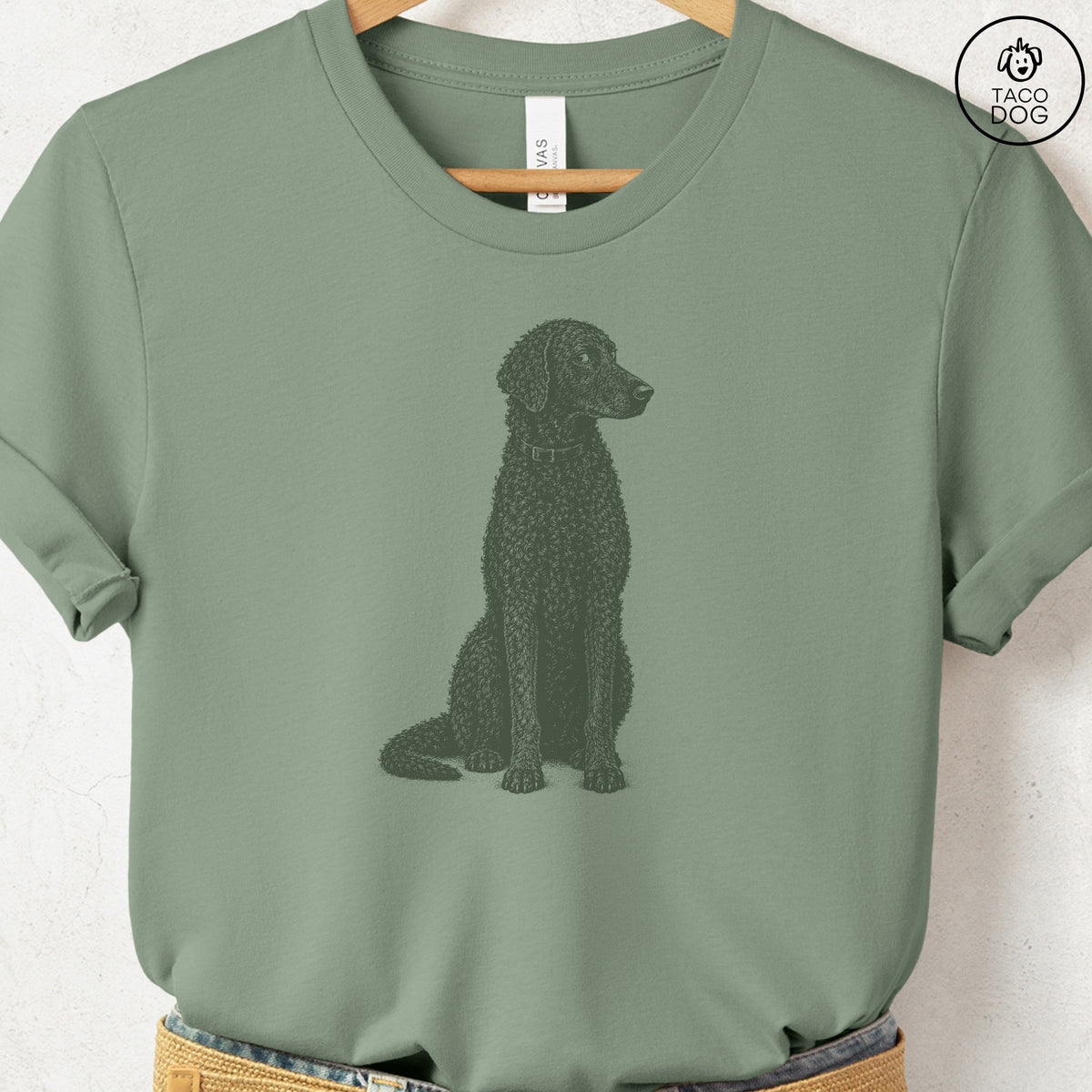 Curly-Coated Retriever Side Eye T-Shirt Sage Taco-Dog