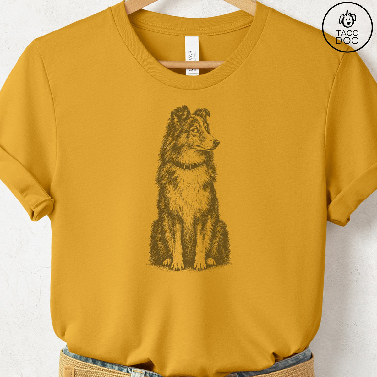 Shetland Sheepdog Side Eye T-Shirt Mustard Taco-Dog