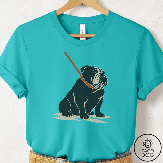English Bulldog Sitdown T-Shirt Teal Taco-Dog