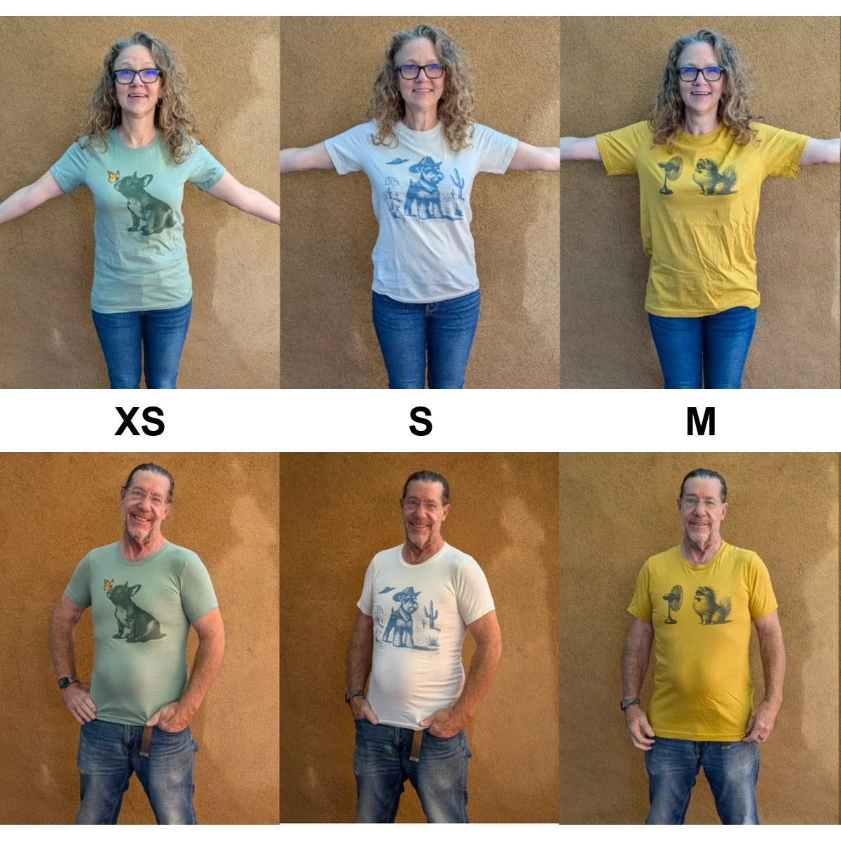 Liz and her partner wearing TacoDog tees in sizes XS, S and M