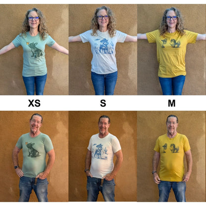 Liz and her partner wearing TacoDog tees in sizes XS, S and M