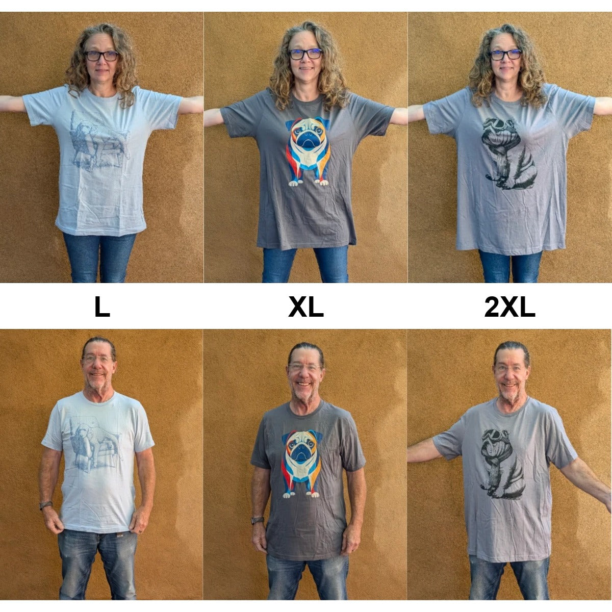 Liz and her partner wearing TacoDog tees in sizes L, XL and 2XL