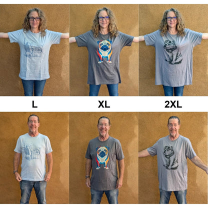 Liz and her partner wearing TacoDog tees in sizes L, XL and 2XL