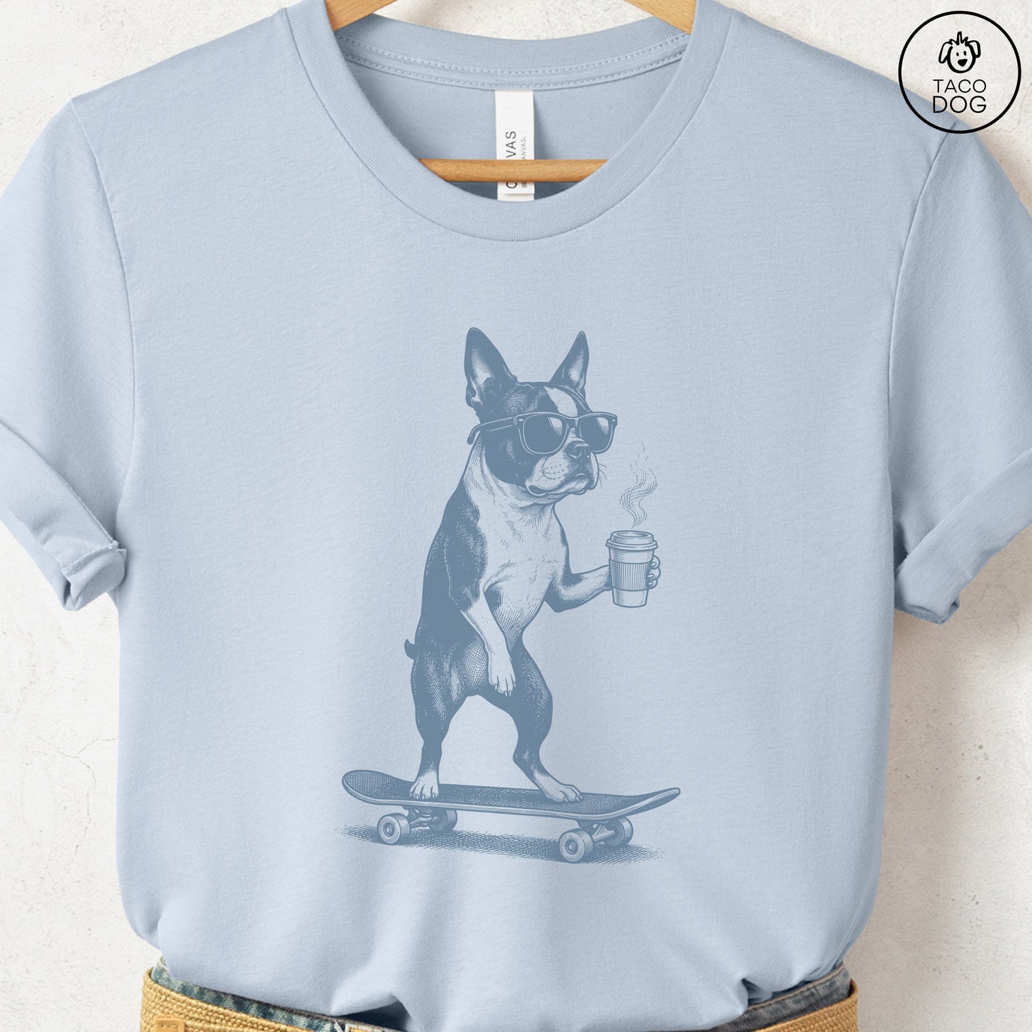 Boston Terrier Skateboard T-Shirt Light Blue S Taco-Dog