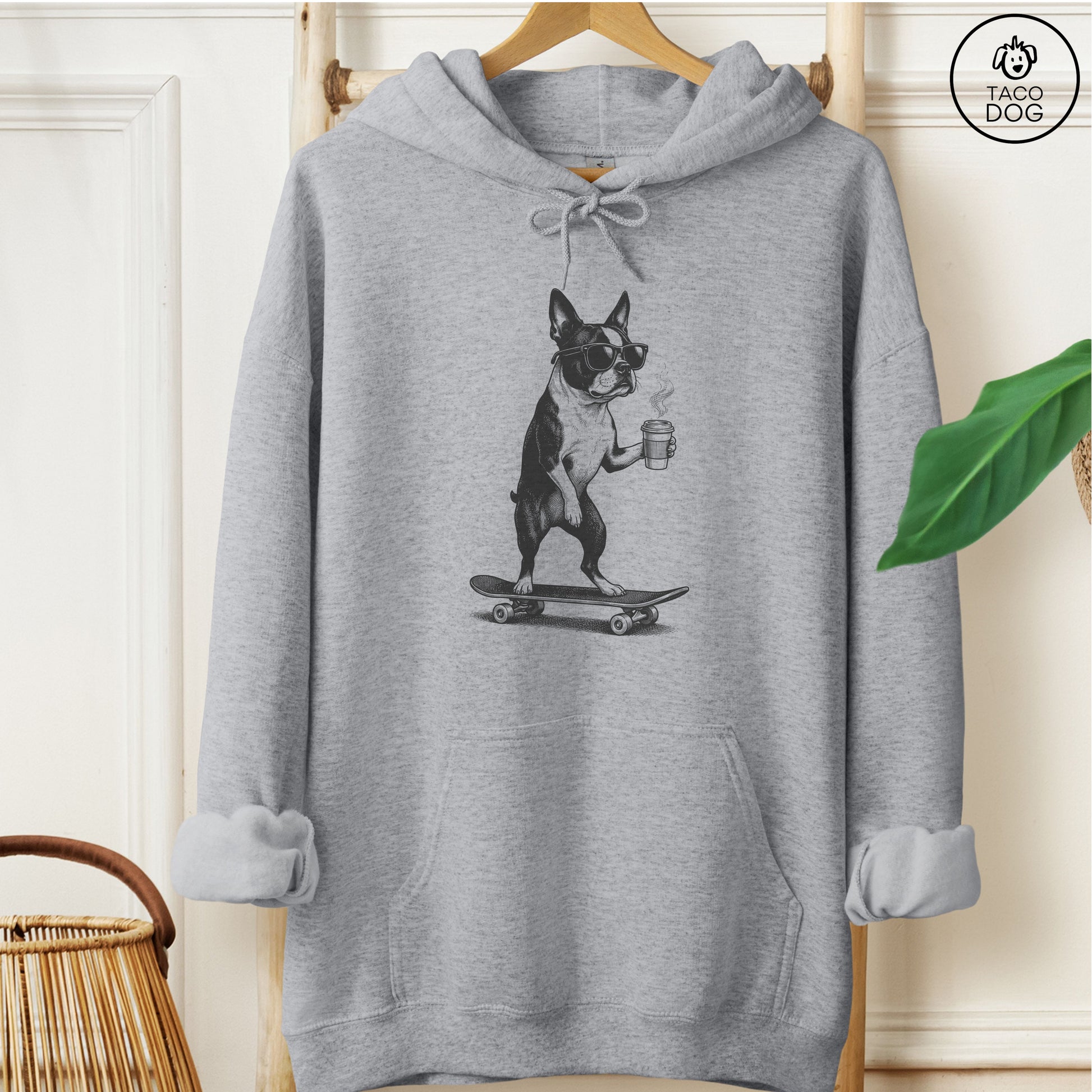 Boston Terrier Skateboard Hoodie Graphite Heather M Taco-Dog