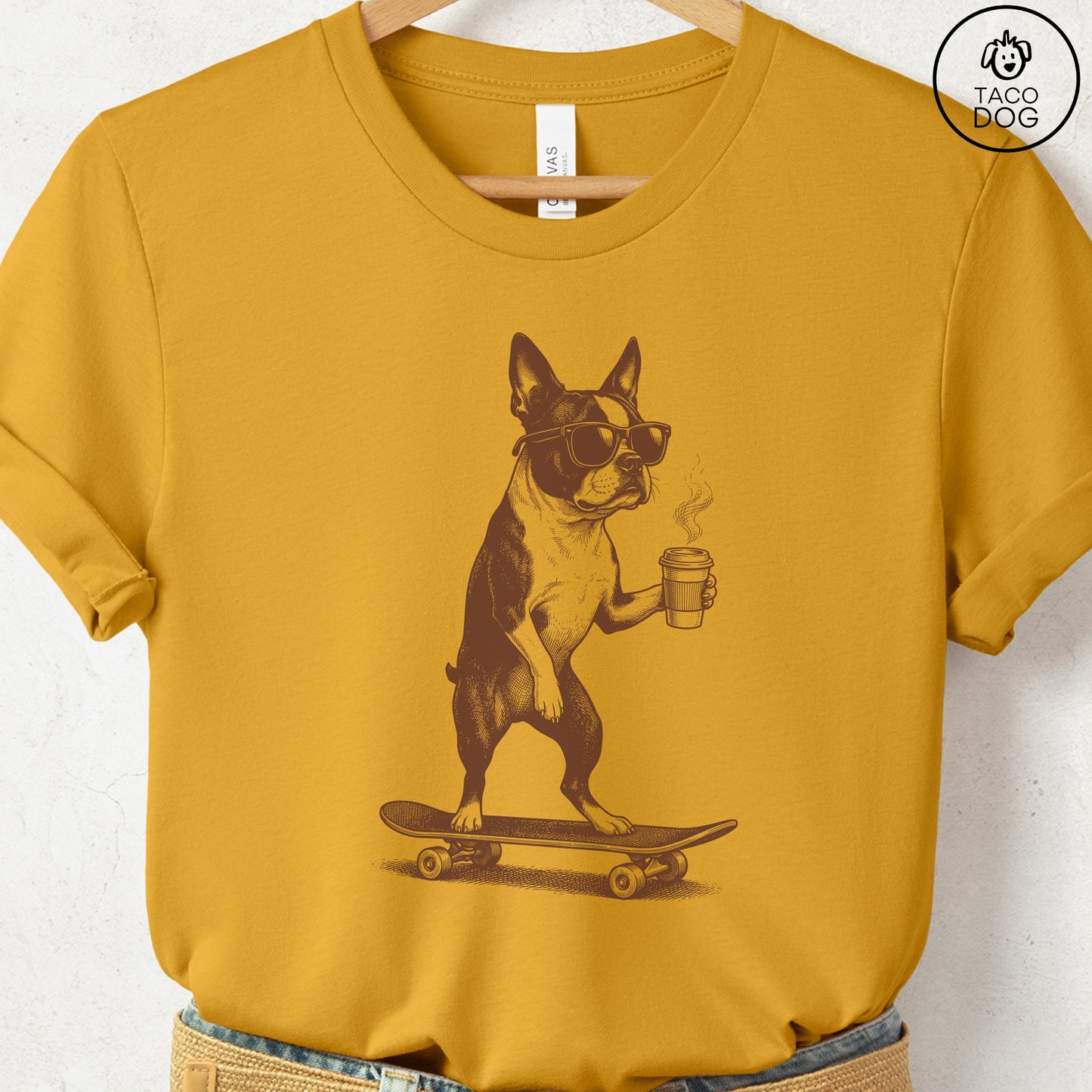 Boston Terrier Skateboard T-Shirt Mustard S Taco-Dog