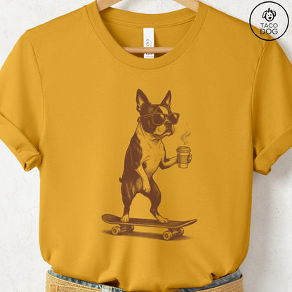 Boston Terrier Skateboard T-Shirt Mustard S Taco-Dog