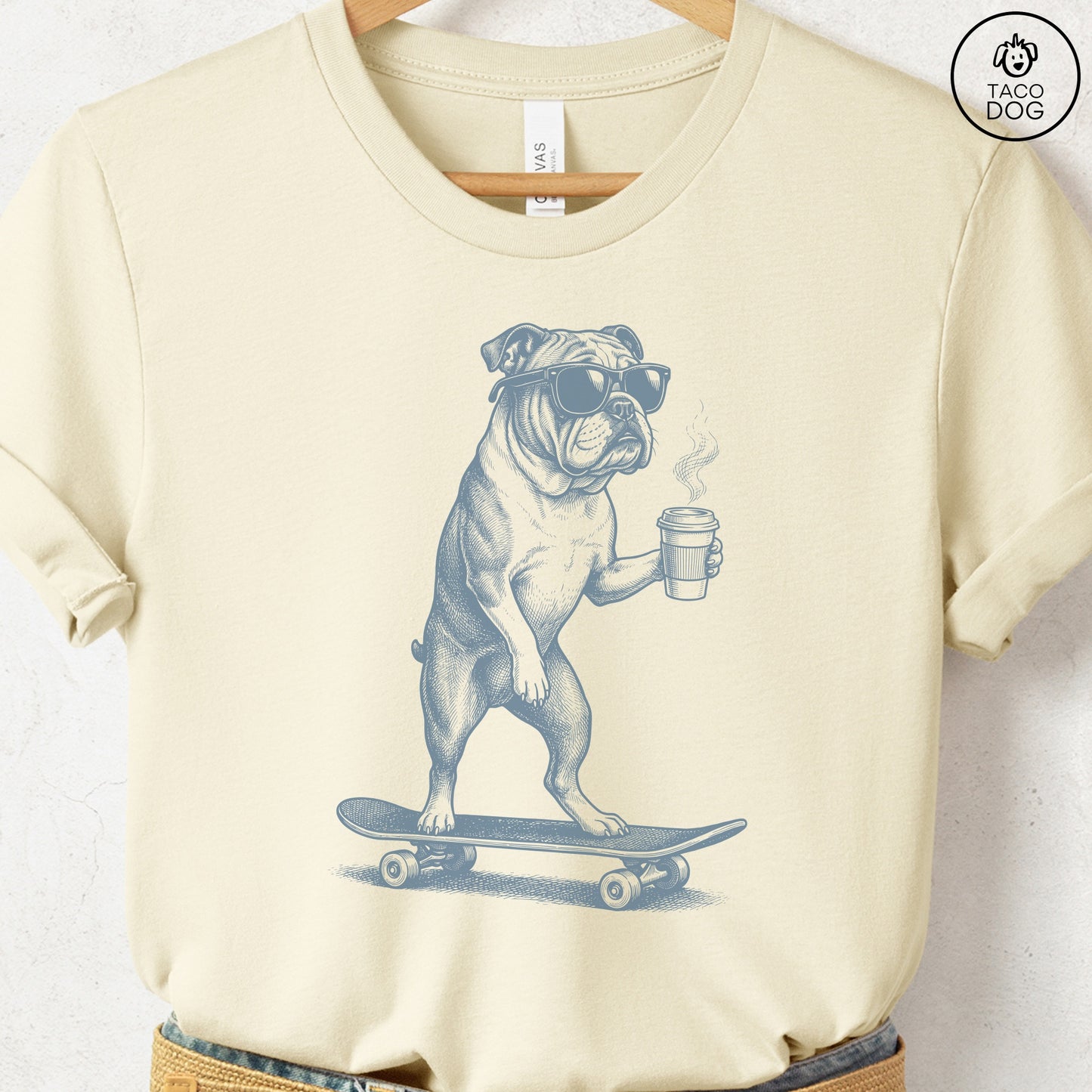 English Bulldog Skateboard T-Shirt Natural S Taco-Dog