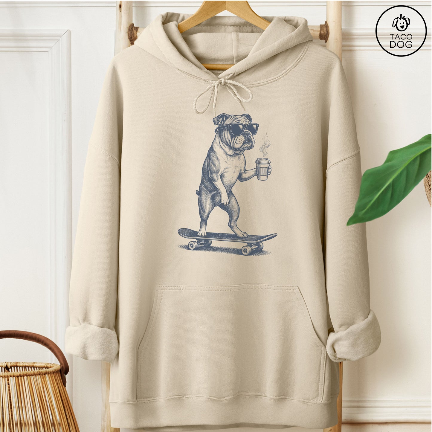 English Bulldog Skateboard Hoodie Sand M Taco-Dog