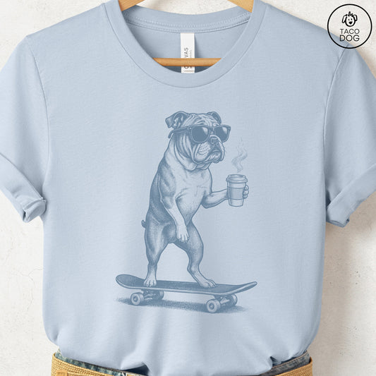 English Bulldog Skateboard T-Shirt Light Blue S Taco-Dog