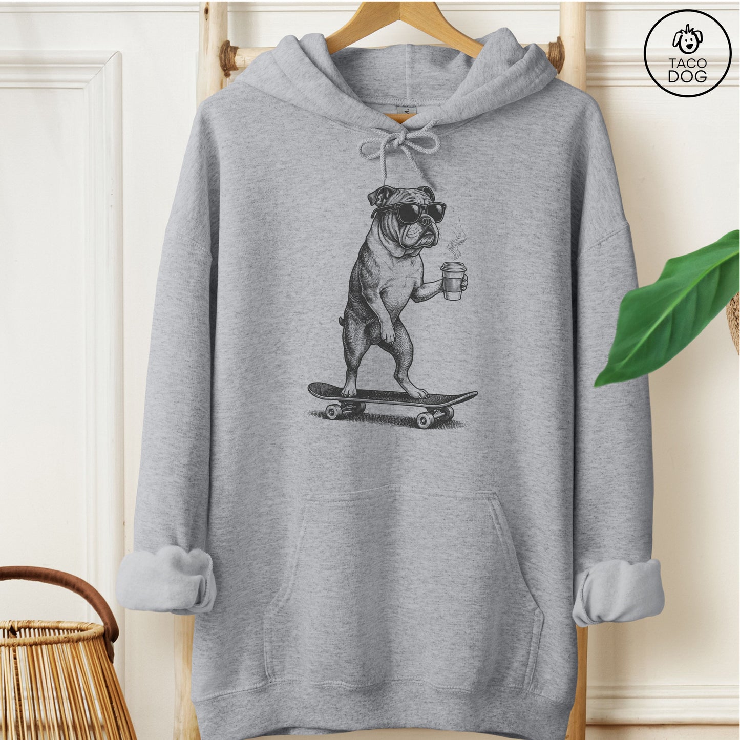 English Bulldog Skateboard Hoodie Graphite Heather M Taco-Dog