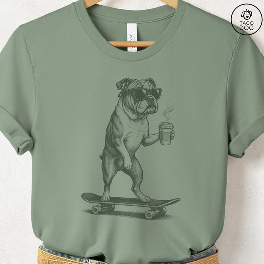 English Bulldog Skateboard T-Shirt Sage S Taco-Dog