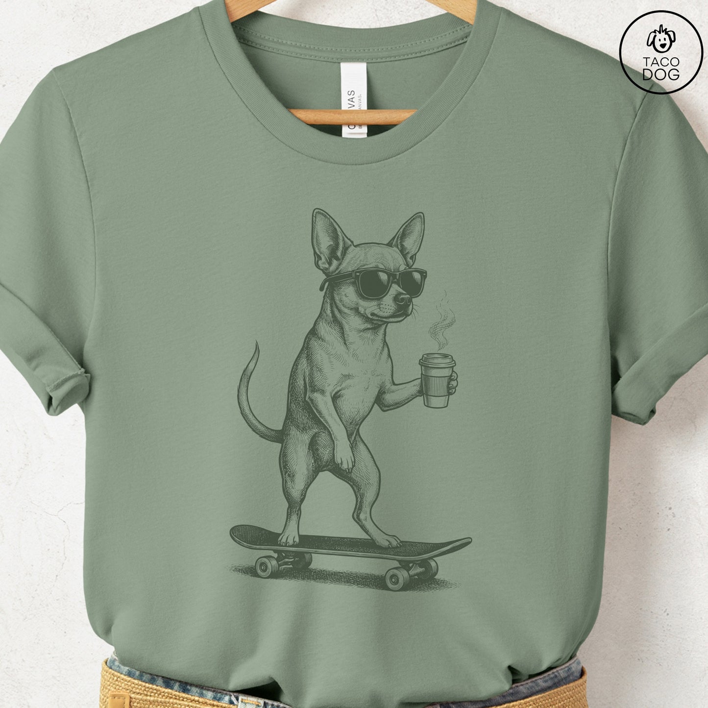 Chihuahua Skateboard T-Shirt Sage S Taco-Dog
