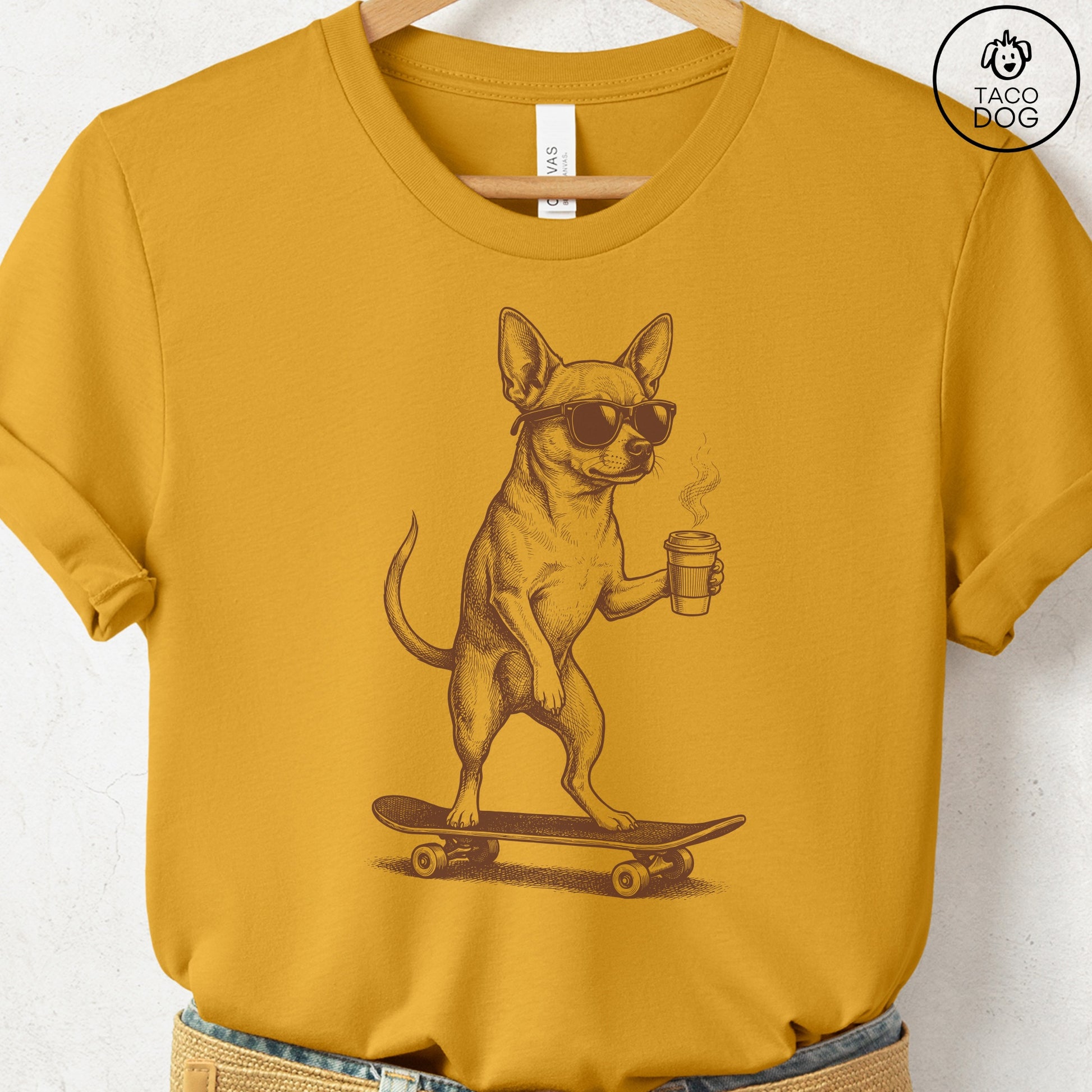 Chihuahua Skateboard T-Shirt Mustard S Taco-Dog