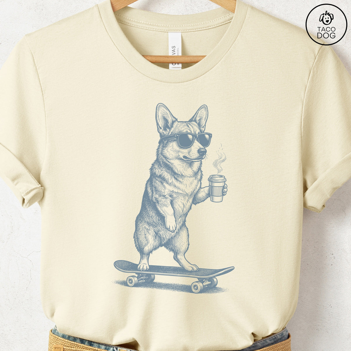 Corgi Skateboard T-Shirt, design close-up