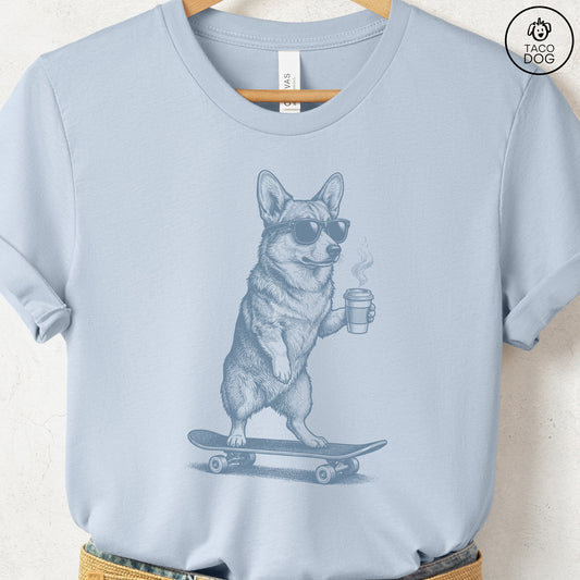 Corgi Skateboard T-Shirt Light Blue S Taco-Dog