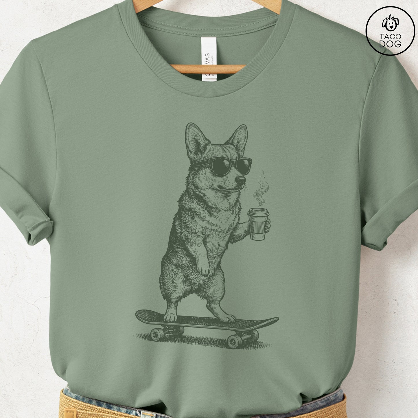 Corgi Skateboard T-Shirt Sage S Taco-Dog
