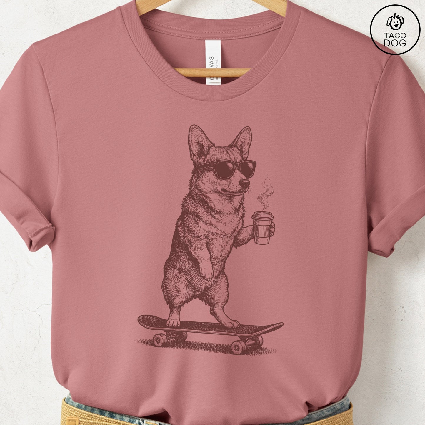 Corgi Skateboard T-Shirt Heather Mauve S Taco-Dog