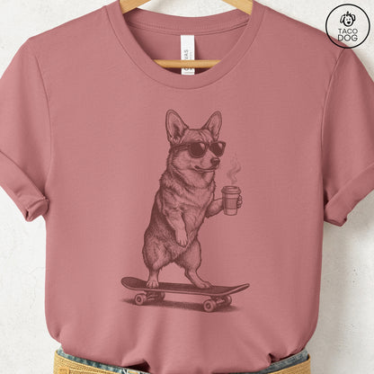 Corgi Skateboard T-Shirt Heather Mauve S Taco-Dog