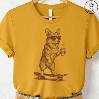 Corgi Skateboard T-Shirt Mustard S Taco-Dog