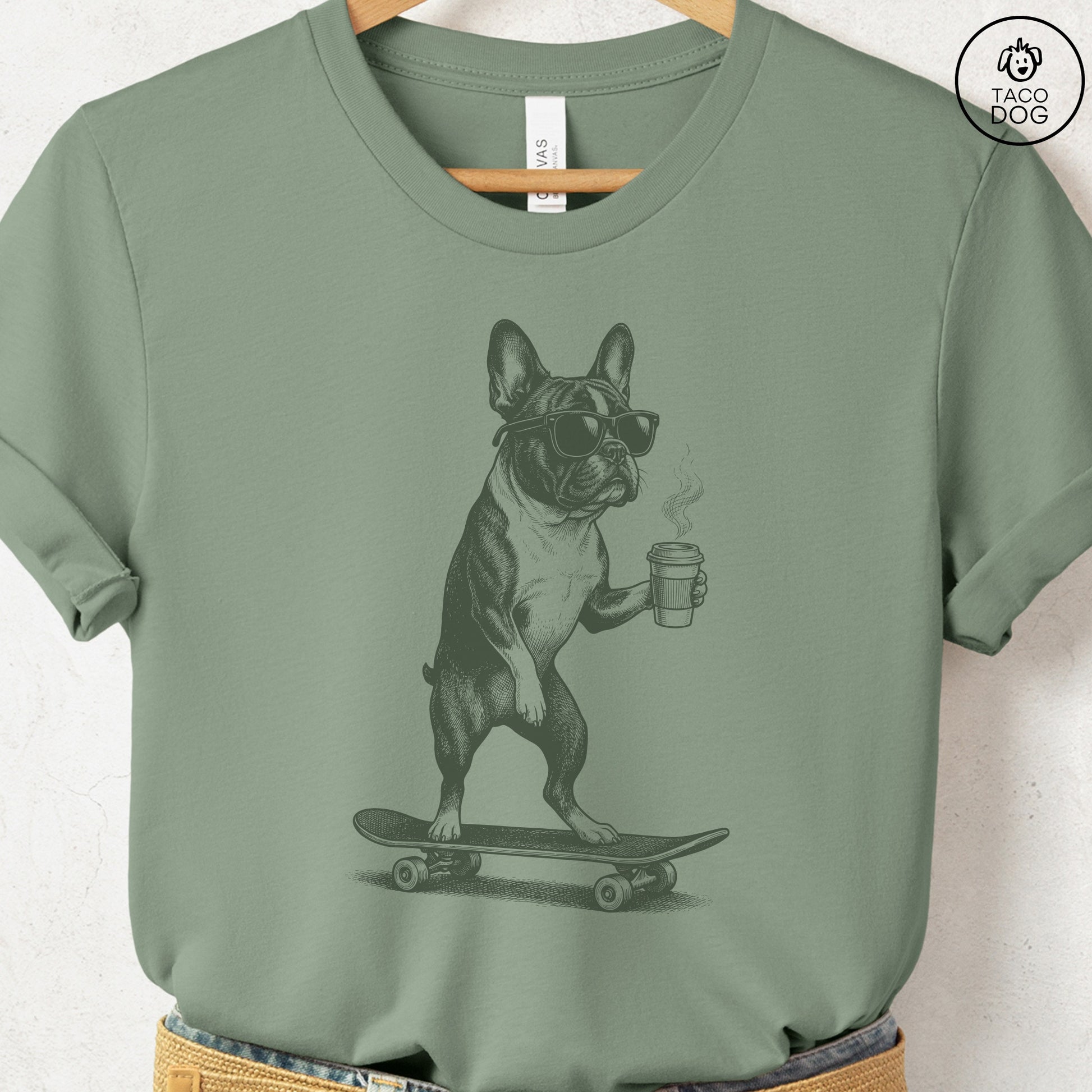 French Bulldog Frenchie Skateboard T-Shirt Sage S Taco-Dog