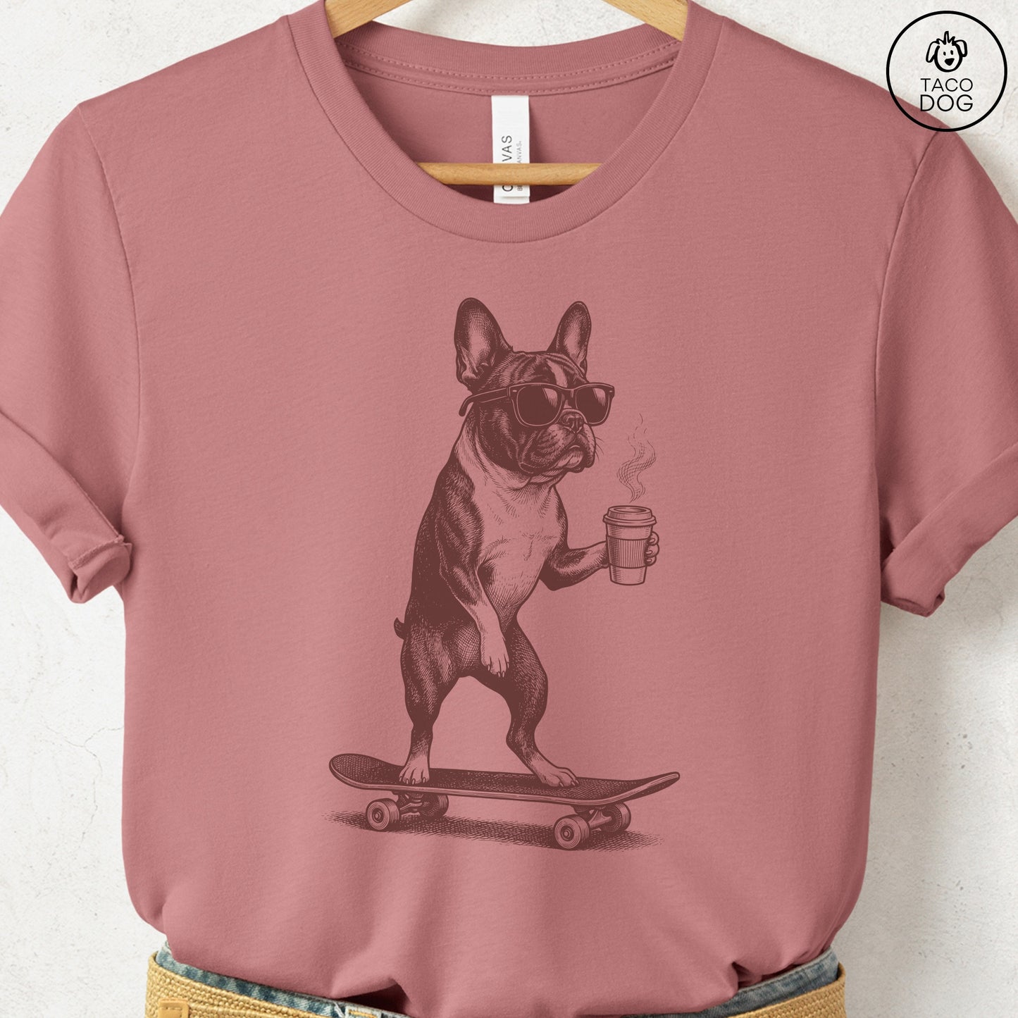 French Bulldog Frenchie Skateboard T-Shirt Heather Mauve S Taco-Dog