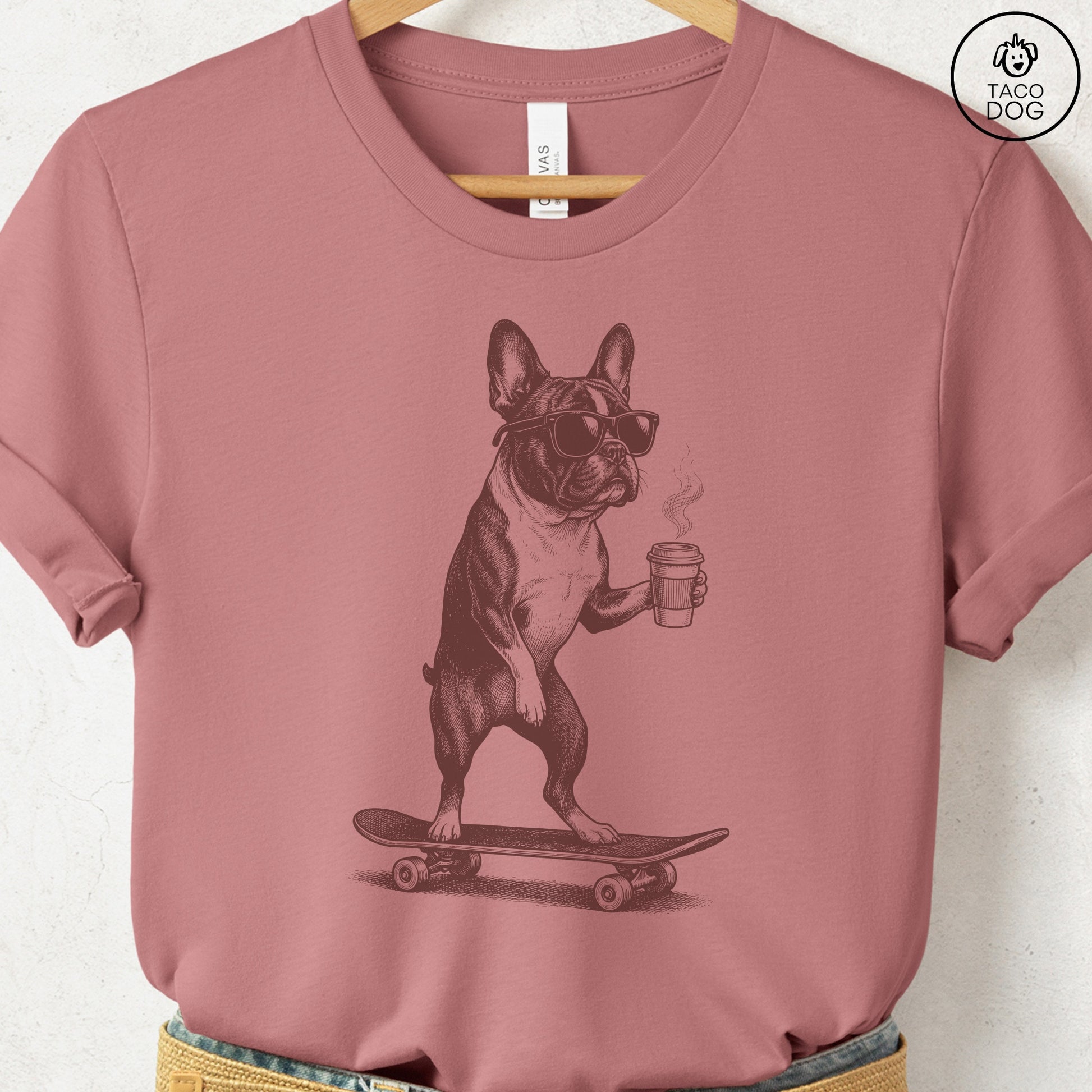 French Bulldog Frenchie Skateboard T-Shirt Heather Mauve S Taco-Dog