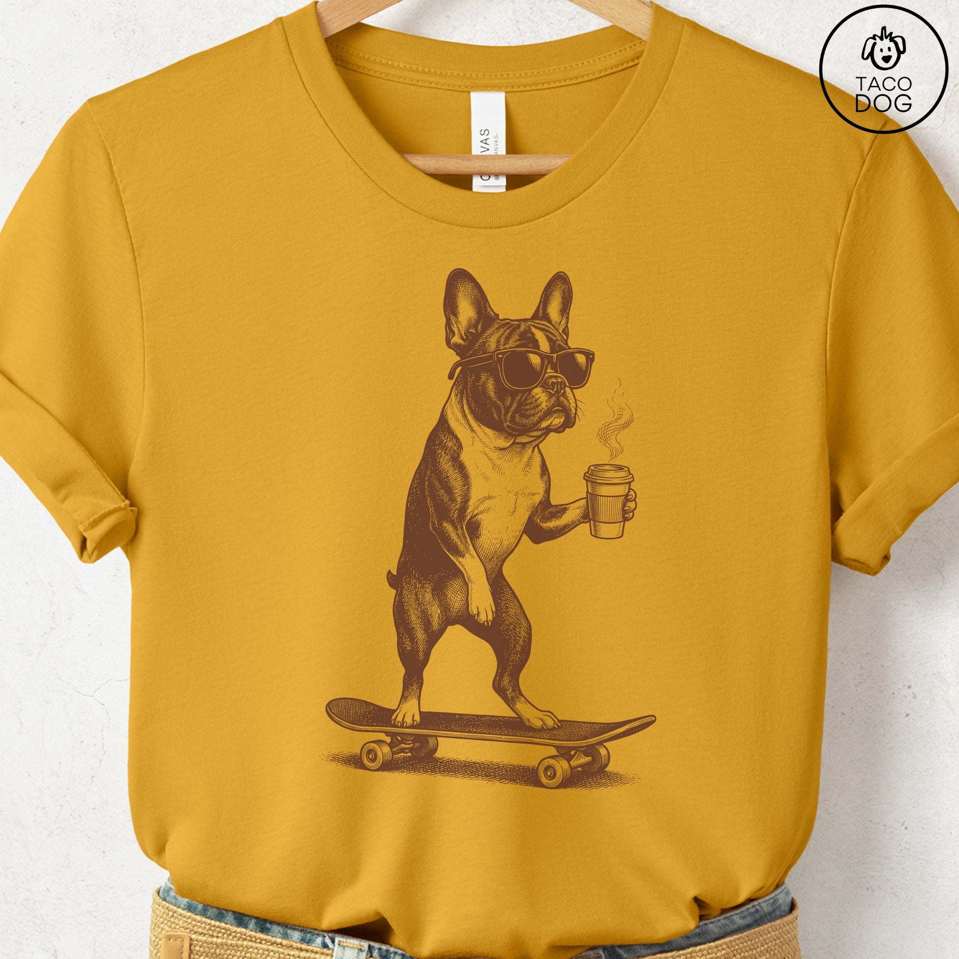 French Bulldog Frenchie Skateboard T-Shirt Mustard S Taco-Dog