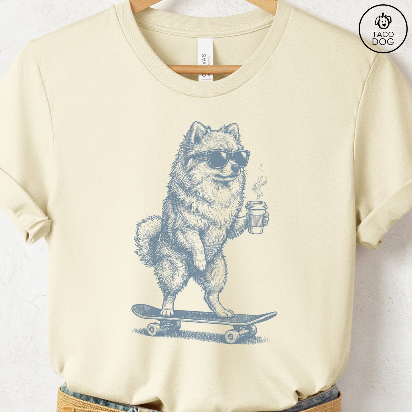 Pomeranian Skateboard T-Shirt Natural S Taco-Dog