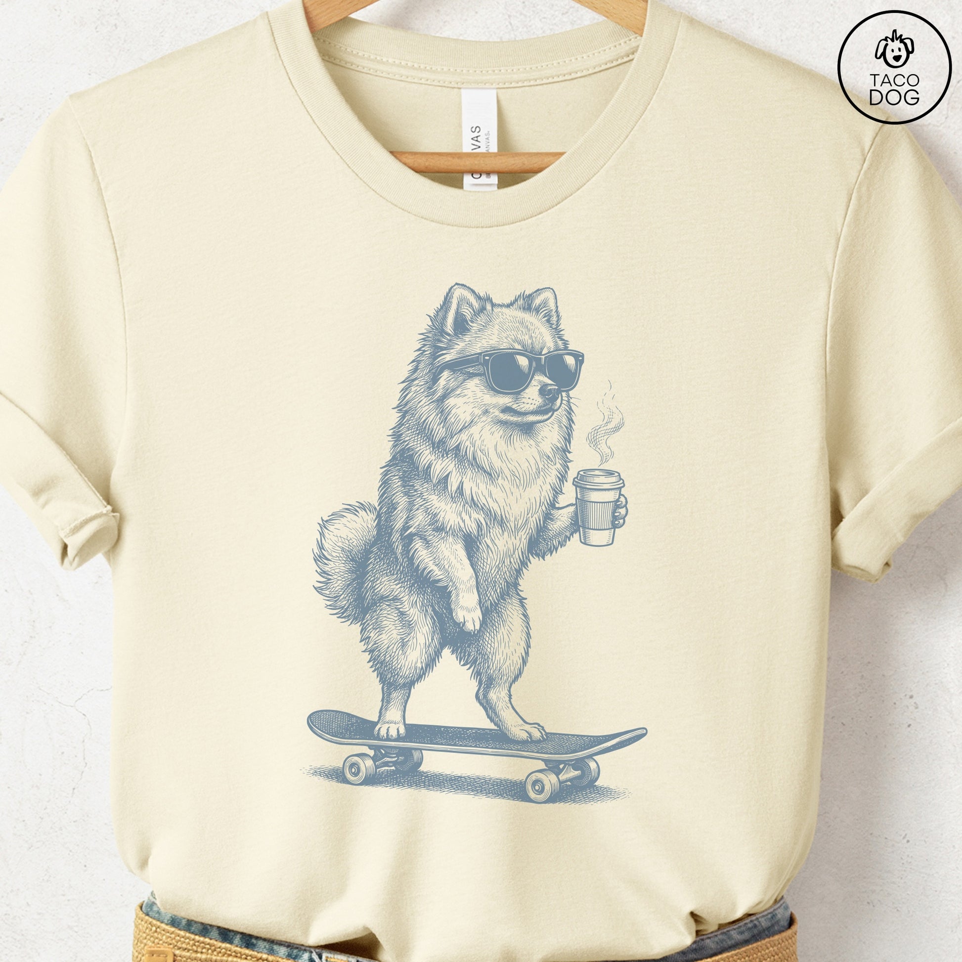 Pomeranian Skateboard T-Shirt Natural S Taco-Dog