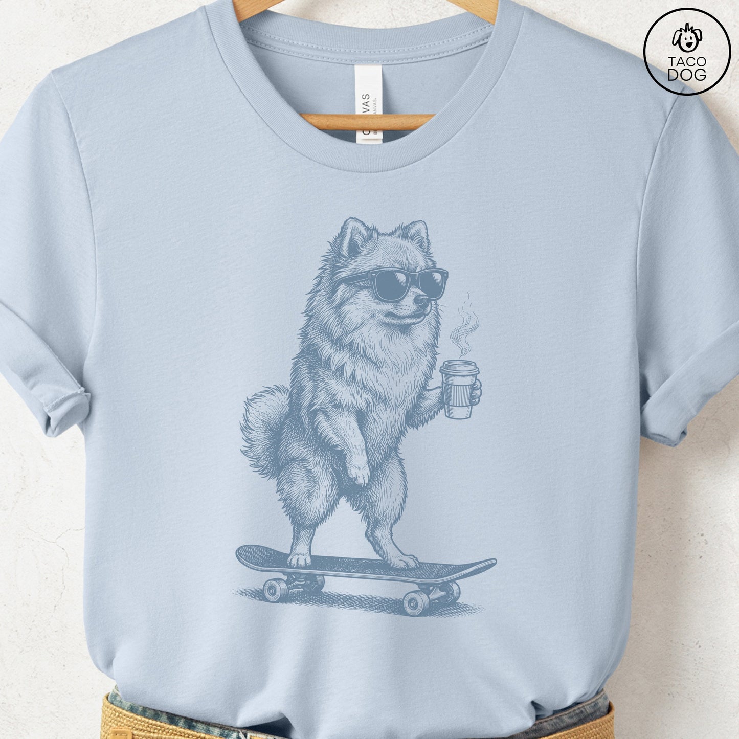 Pomeranian Skateboard T-Shirt Light Blue S Taco-Dog