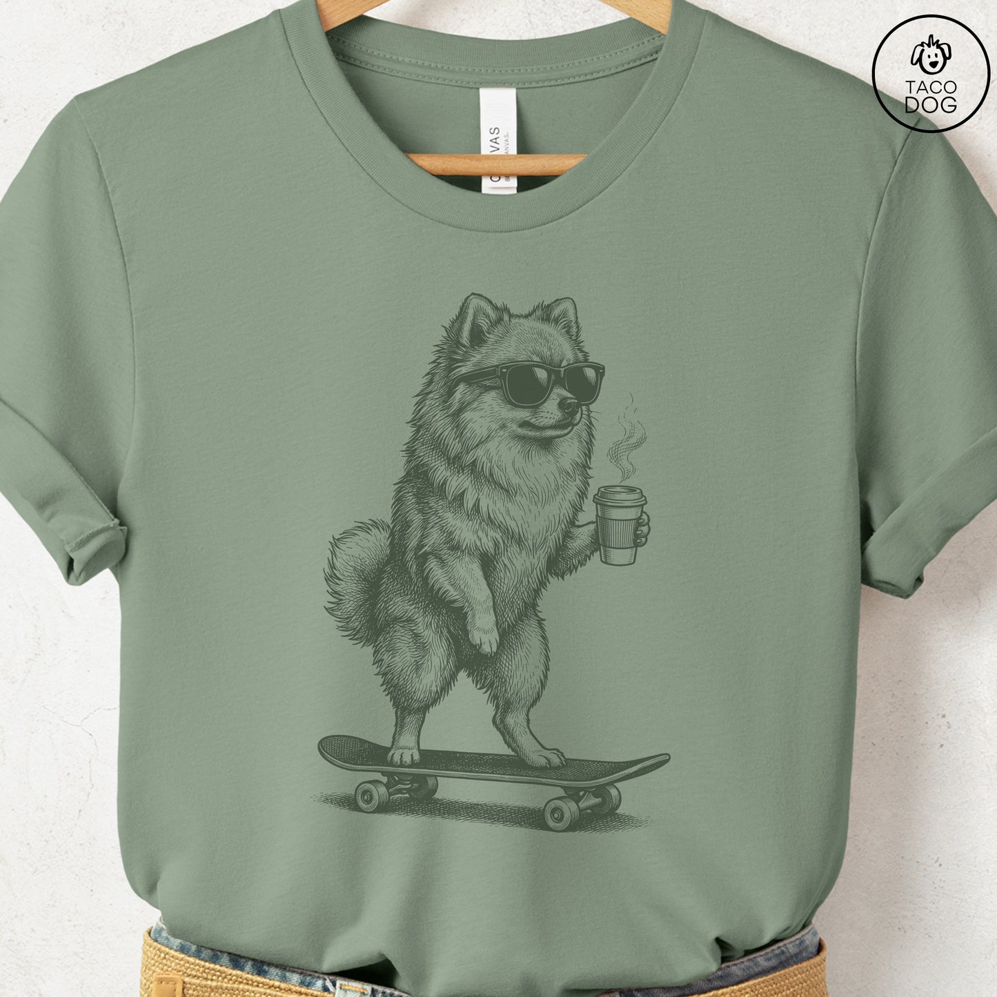 Pomeranian Skateboard T-Shirt Sage S Taco-Dog