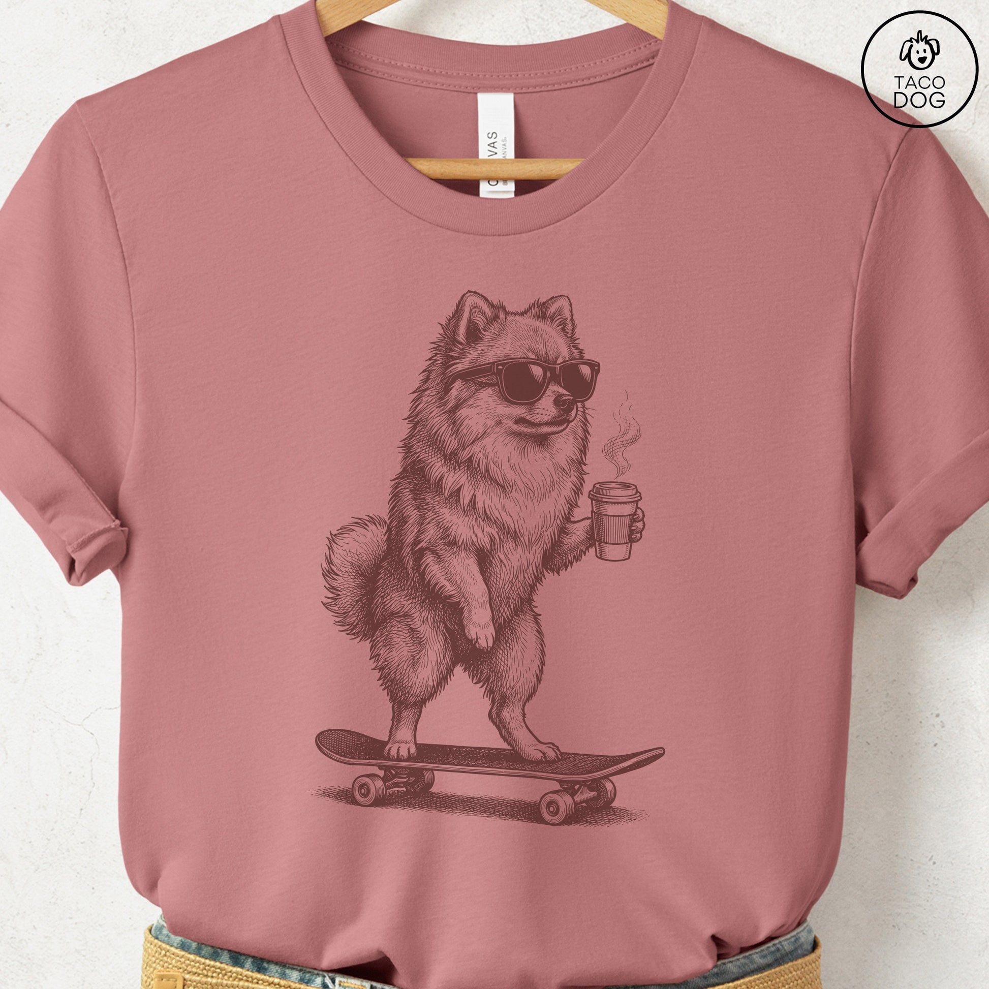 Pomeranian Skateboard T-Shirt Heather Mauve S Taco-Dog