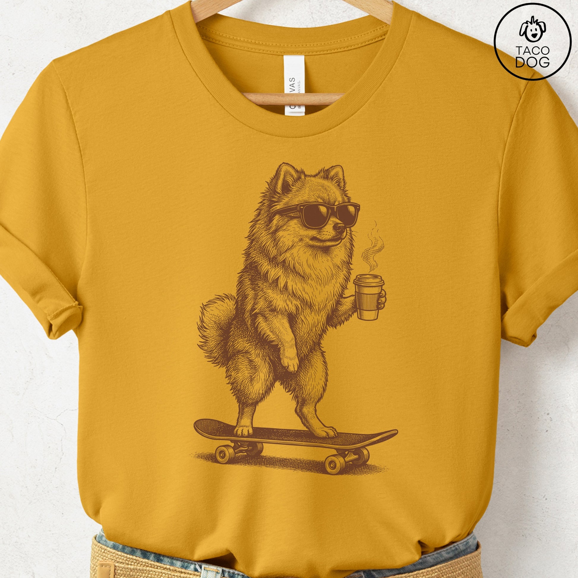 Pomeranian Skateboard T-Shirt Mustard S Taco-Dog