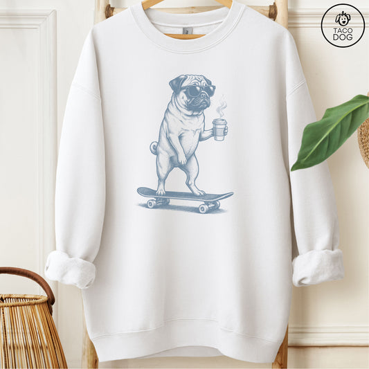 Pug Skateboard Sweatshirt White M Taco-Dog