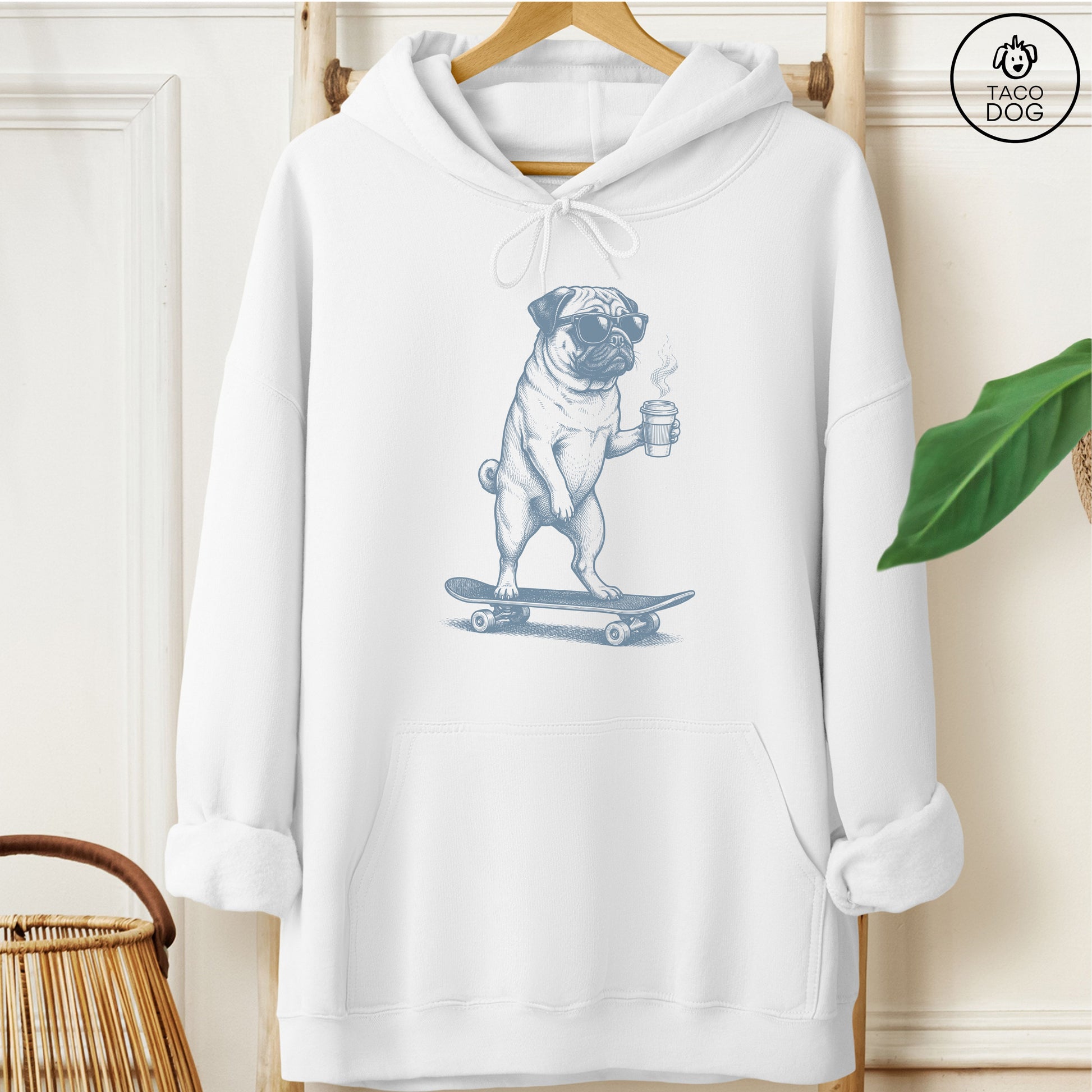 Pug Skateboard Hoodie White M Taco-Dog