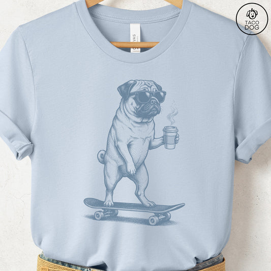 Pug Skateboard T-Shirt Light Blue S Taco-Dog