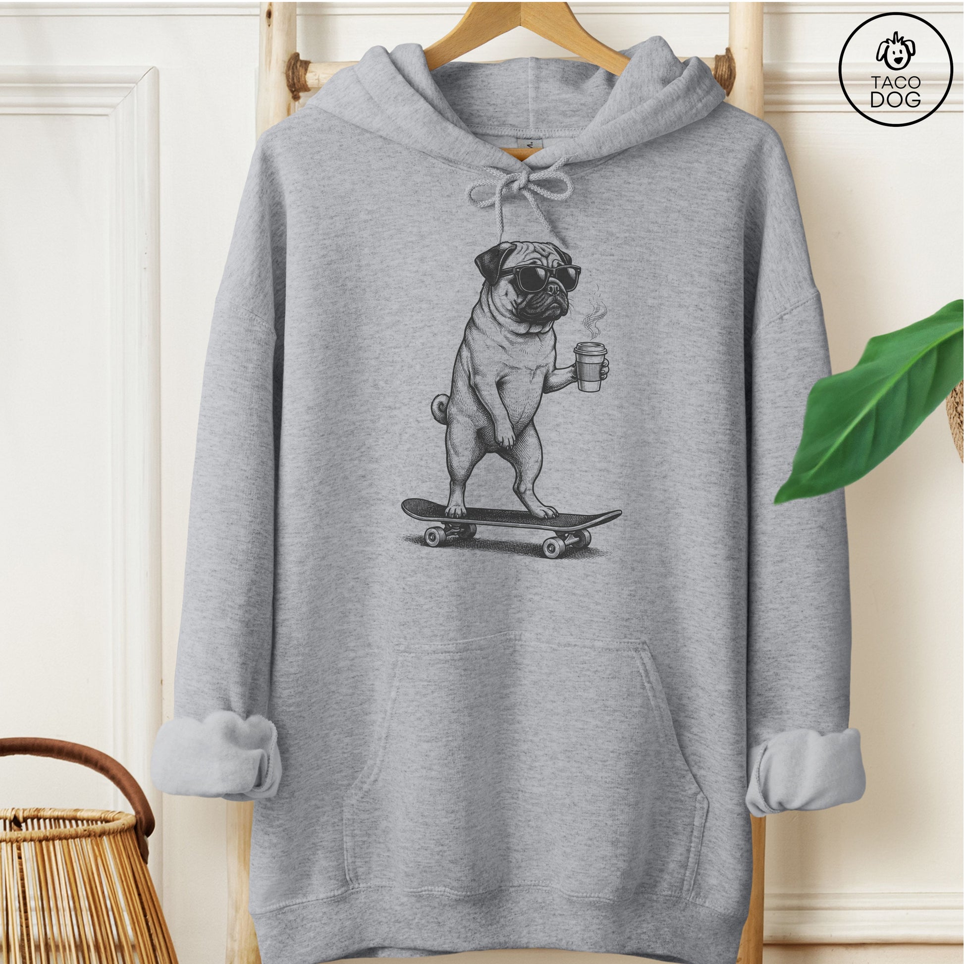 Pug Skateboard Hoodie Graphite Heather M Taco-Dog