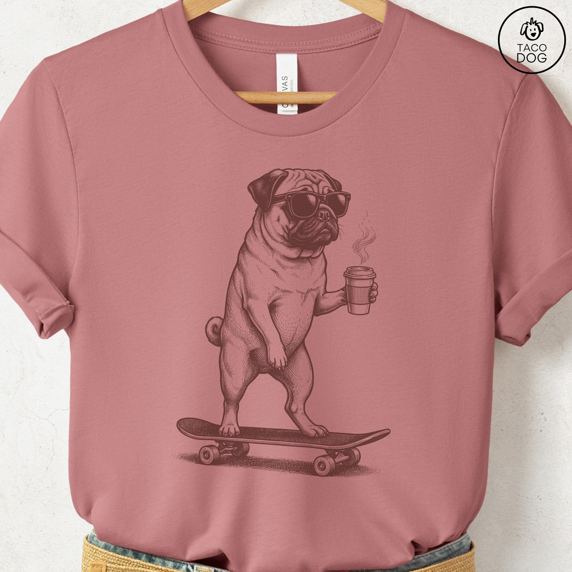 Pug Skateboard T-Shirt Heather Mauve S