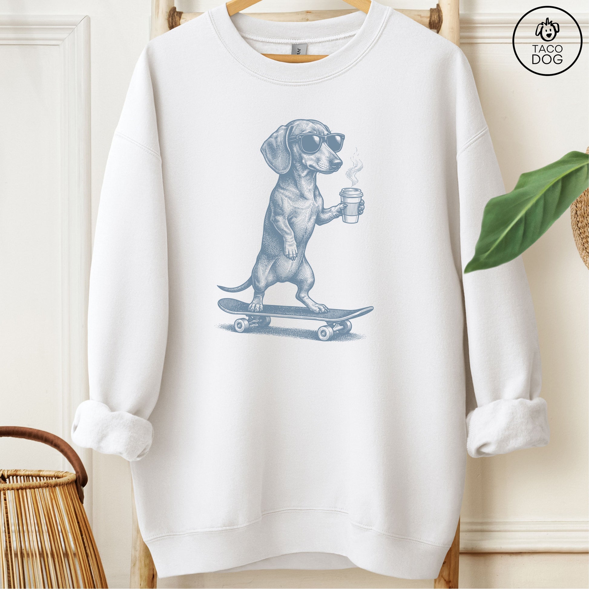 Dachshund Skateboard Sweatshirt White M Taco-Dog