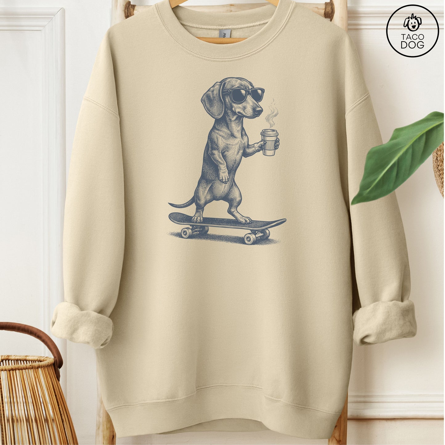 Dachshund Skateboard Sweatshirt Sand M Taco-Dog