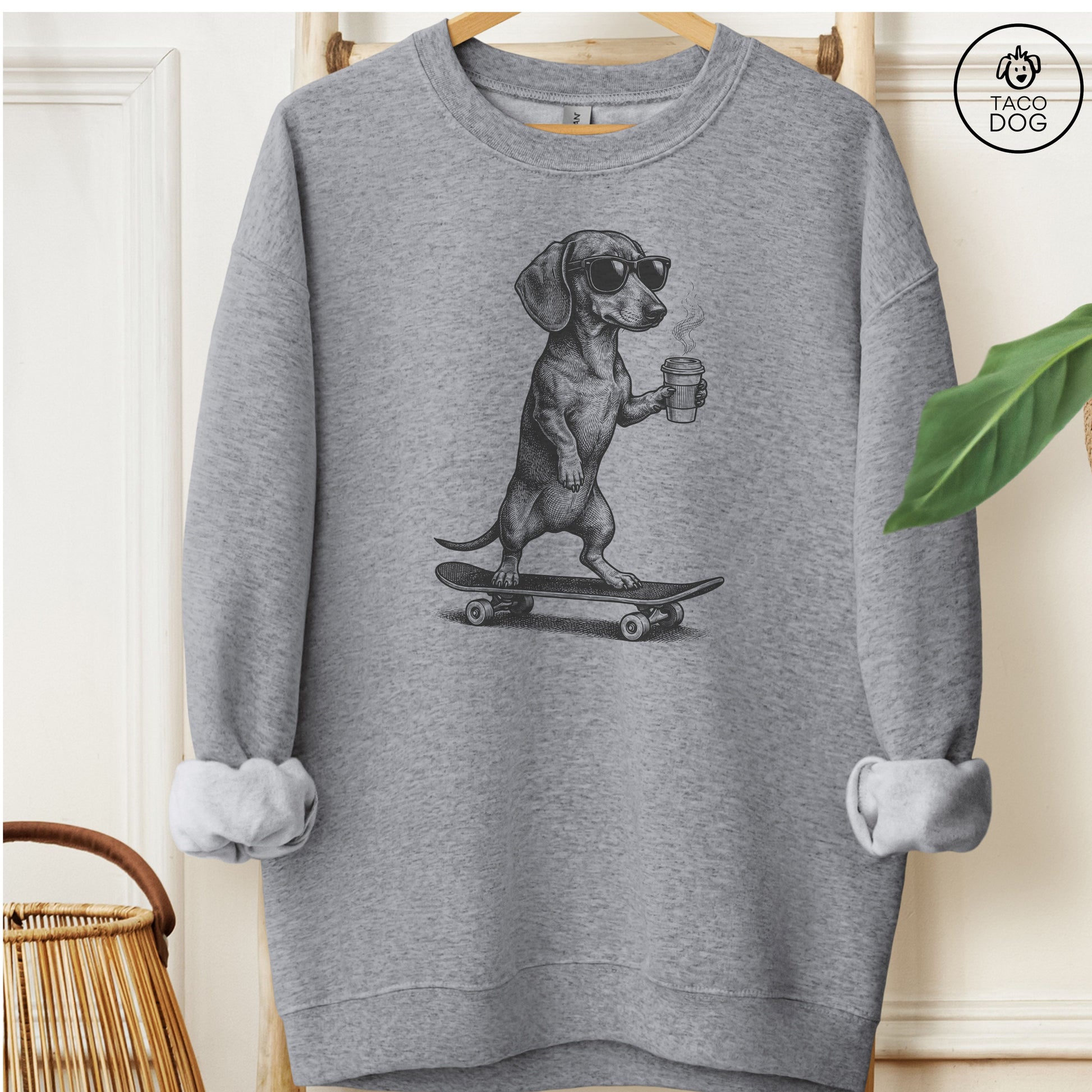 Dachshund Skateboard Sweatshirt Graphite Heather M Taco-Dog