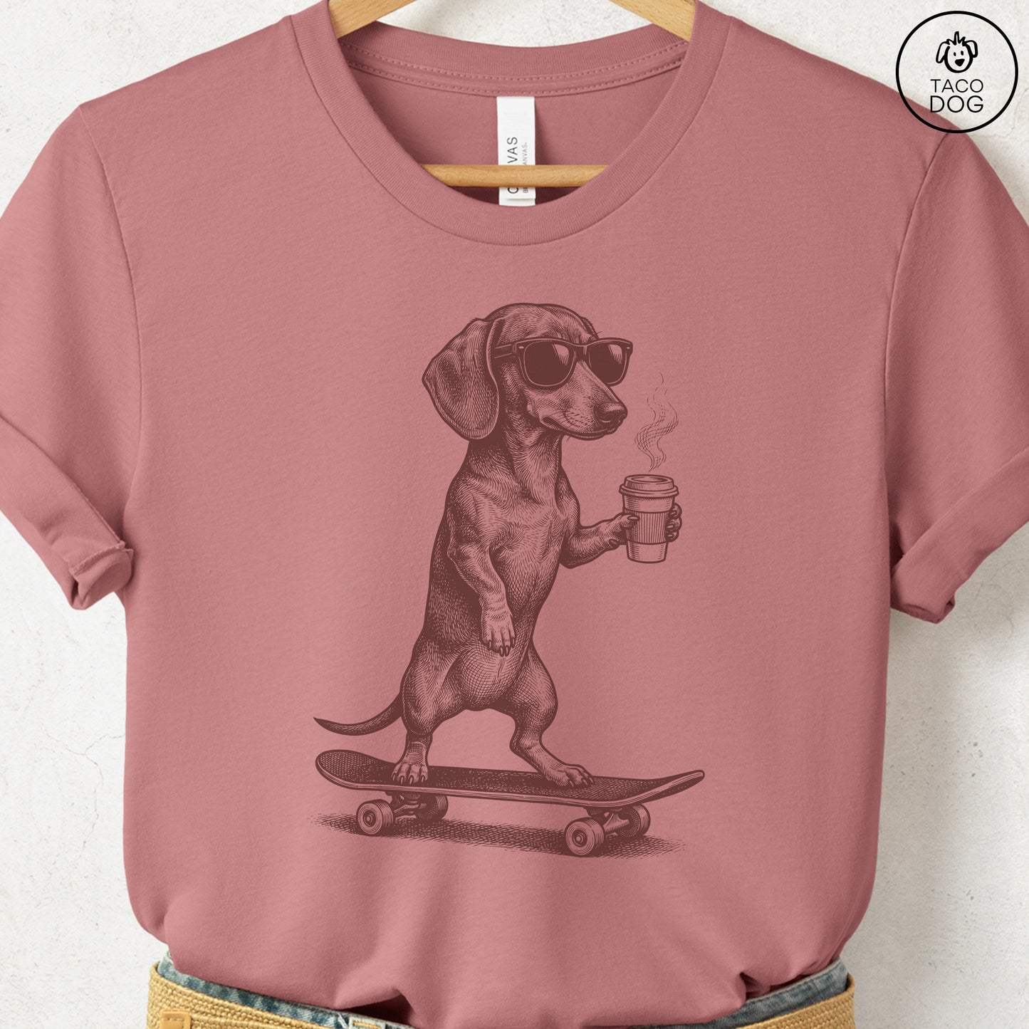 Dachshund Skateboard T-Shirt Heather Mauve S Taco-Dog