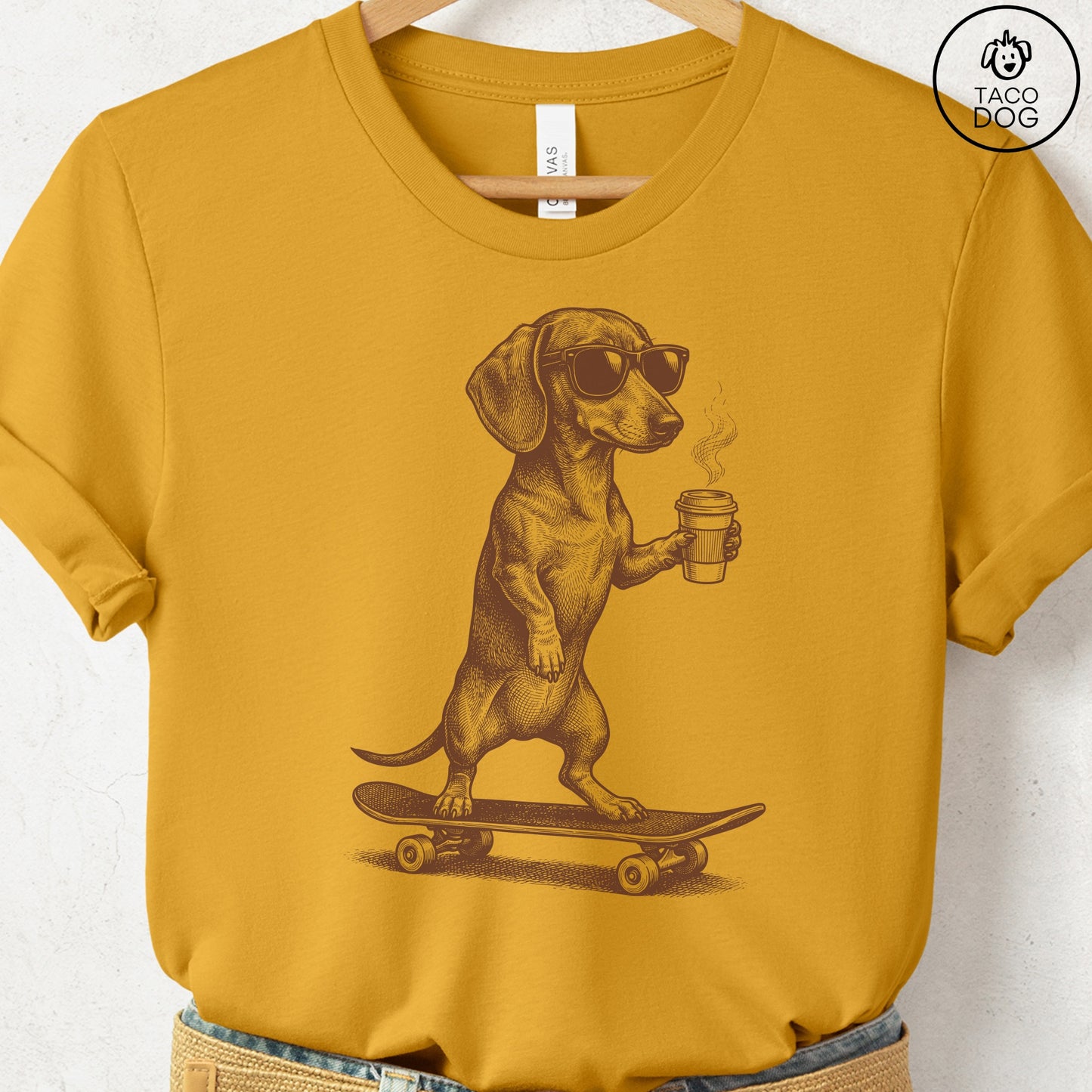 Dachshund Skateboard T-Shirt Mustard S Taco-Dog