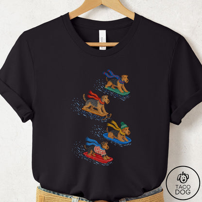 Airedale Sledding T-Shirt Black Taco-Dog